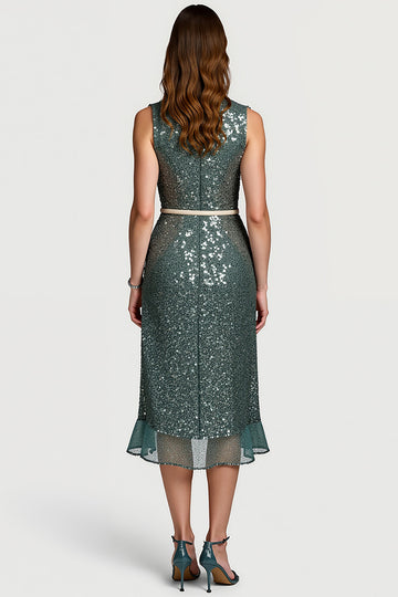 Sparkly Grey Green Sequins Bodycon Midi Semi Formal Dress with Ruffles